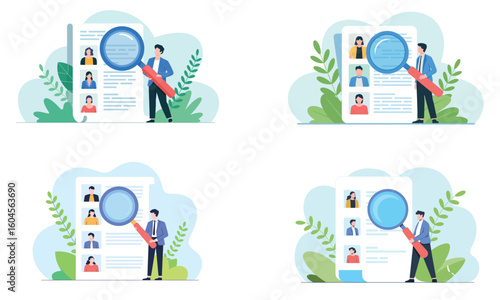 Resume search recruitment illustration of hr manager checking candidate profiles with magnifying glass
