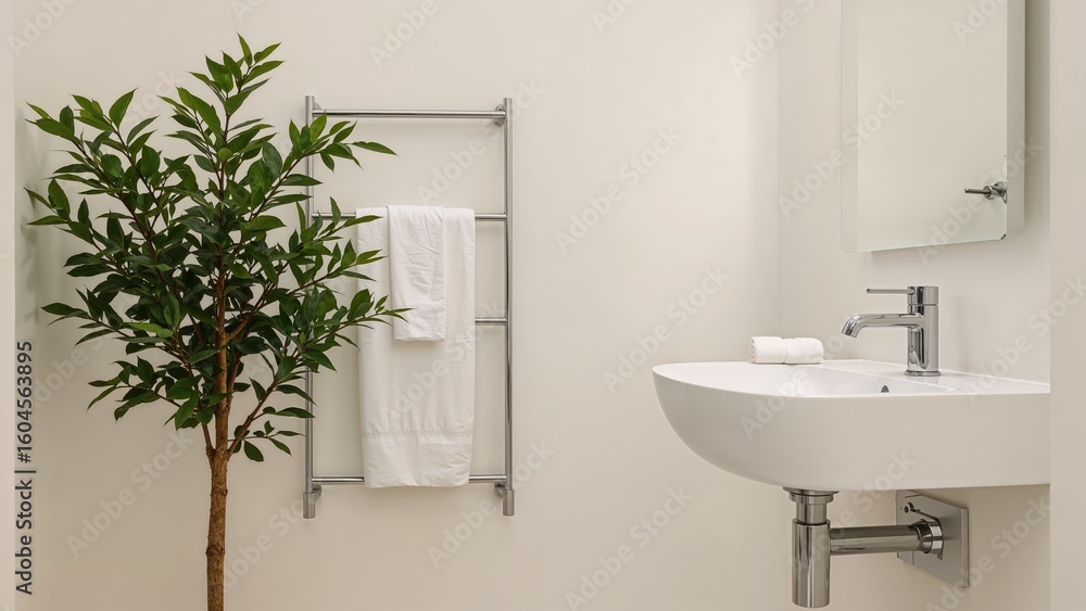 Fototapeta premium Bathroom scene with a corner decorative plant, towel rack, and white basin