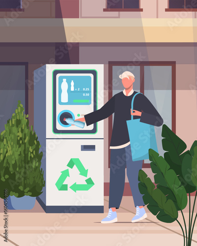 Bottle recycling machine. Eco-conscious lifestyle young man using bottle return machine. Vector illustration Not AI generated
