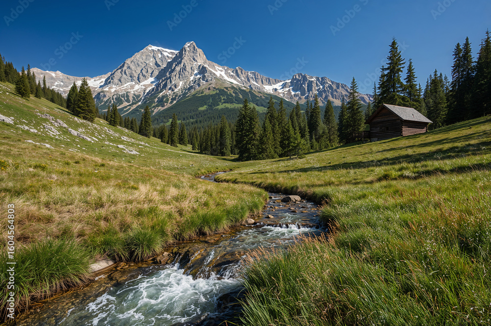 Fototapeta premium Pristine Alpine Stream Beneath a Soaring Peak