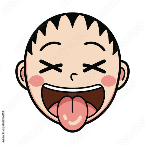 Cute comic-style face with closed eyes and tongue sticking out in fun mood. Vector illustration design.