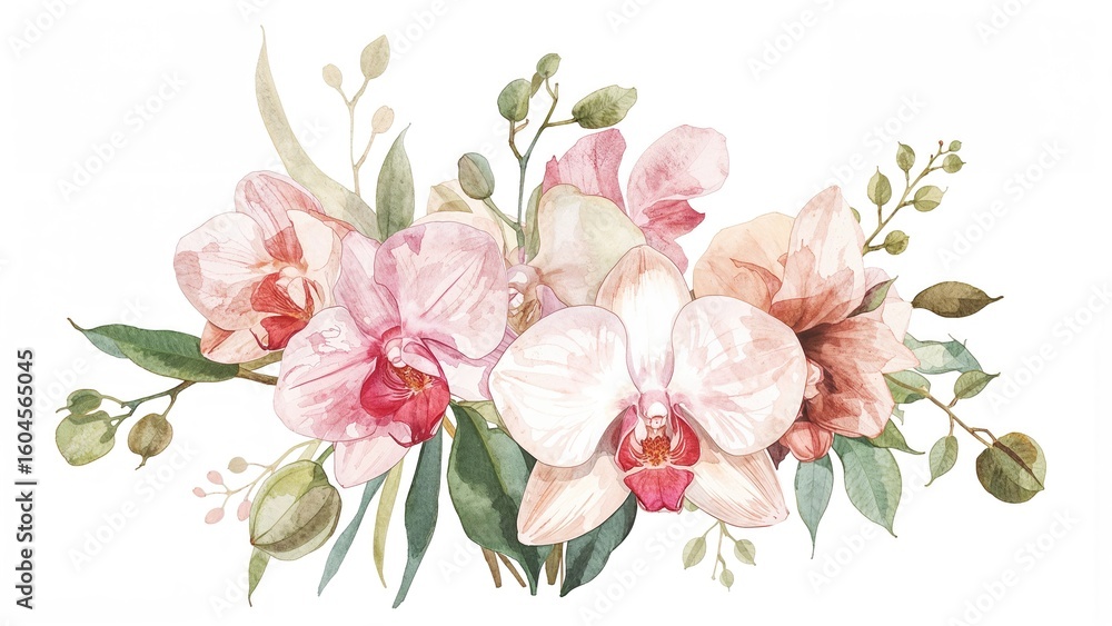 Naklejka premium Watercolor painting of tropical orchid bouquets isolated on white background