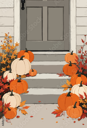 A painting of a front door with a staircase leading up to it