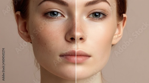 Photo comparing a woman's face before and after a skin treatment or cosmetic application