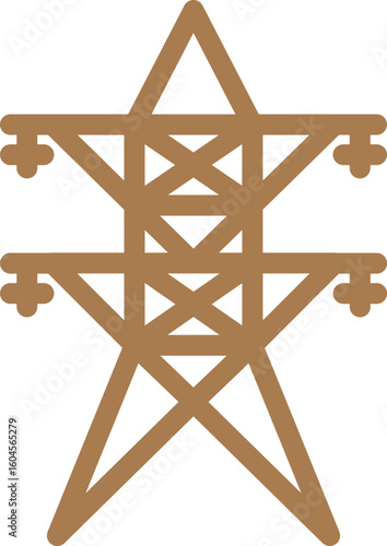 Flat style electricity transmission tower icon in brown line art.