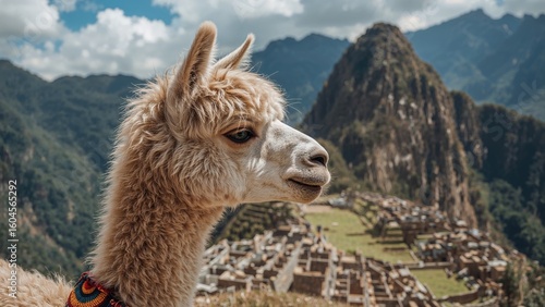 Colorful ornamental design on an alpaca or llama shown in profile with mountain scenery