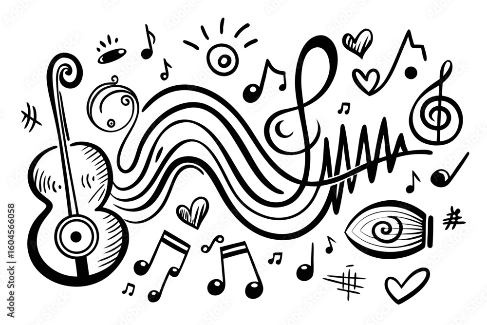 Fototapeta premium Hand Drawn Music Doodle with Guitar Notes Hearts and Symbols in Black and White perfect for backgrounds illustrations and creative musical projects and designs