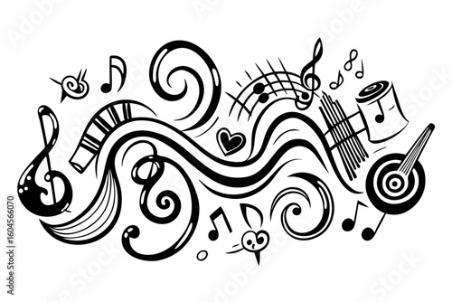 Black and white musical illustration with a variety of instruments musical notes and decorative swirls perfect for backgrounds posters or creative designs with a musical