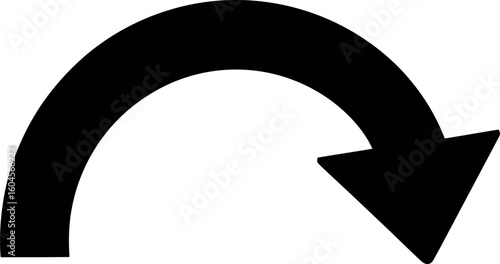 Curved Arrow Sign: A bold, black curved arrow elegantly illustrates a clockwise direction or transition against a clean backdrop.