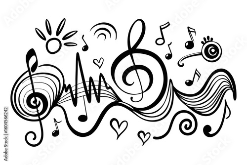 Whimsical Musical Doodle with Clef Notes Hearts and Swirls in Black and White perfect for music lovers creative projects and artistic backgrounds with a fun