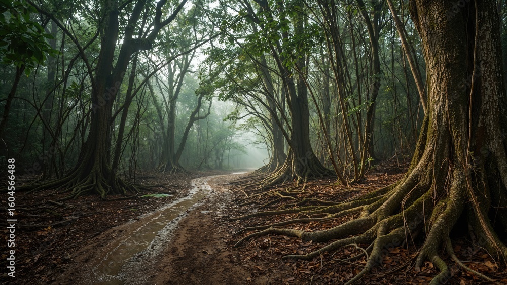 Obraz premium Misty morning path with muddy ground and exposed roots