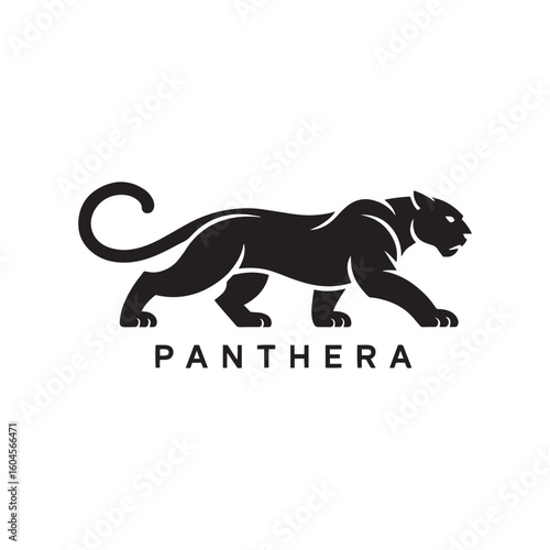 Clean black silhouette of a panther in motion with minimalist text. Vector illustration design.