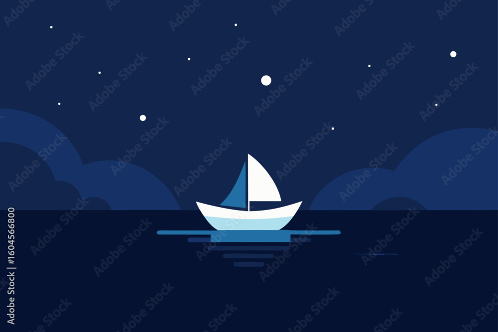 Fototapeta premium sailing into night tiny boat silhouette on ocean