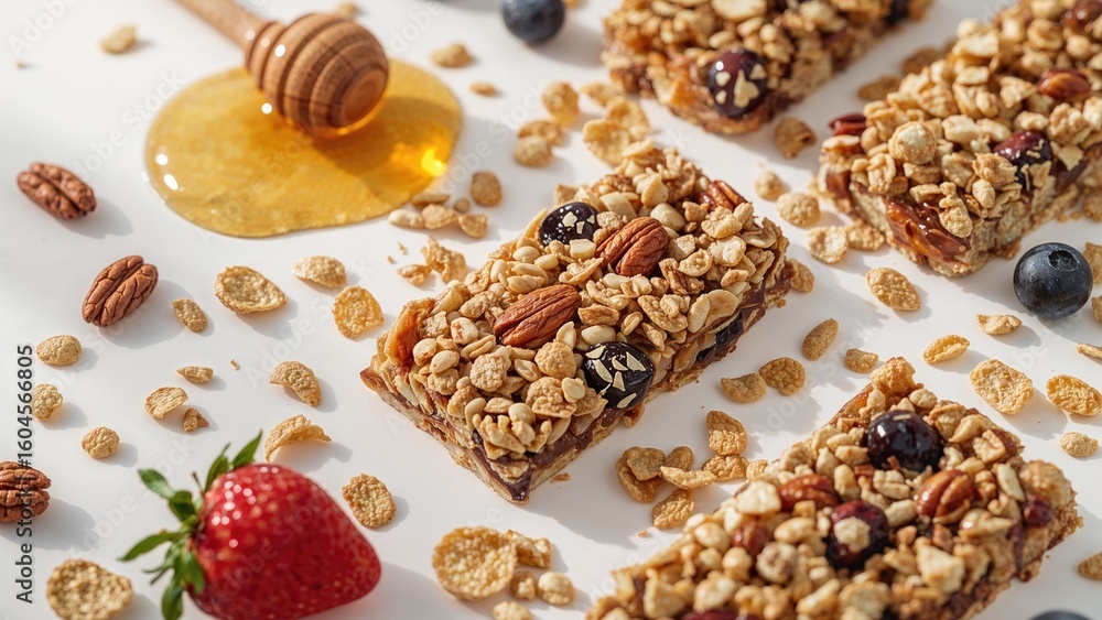 Fototapeta premium Protein Bars Made from Fruit, Nuts, Honey, and Cornflakes Cereal
