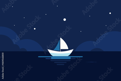 sailing into night tiny boat silhouette on ocean