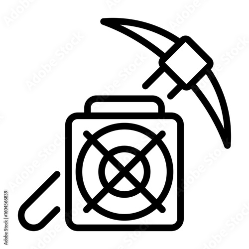 Crypto mining icon. Pick axe and ASIC miner. Line icon. Vector icon with editable stroke. Isolated on transparent background.