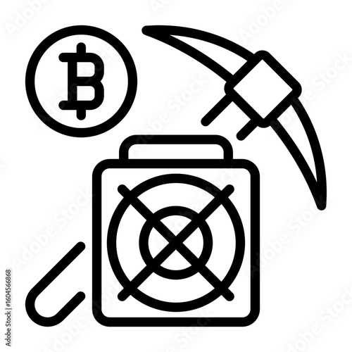 Bitcoin mining icon. Pick axe and ASIC miner. Line icon. Vector icon with editable stroke. Isolated on transparent background.