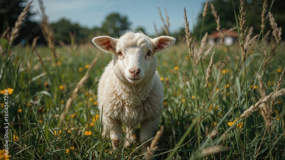 Obraz premium Young sheep wandering the garden area