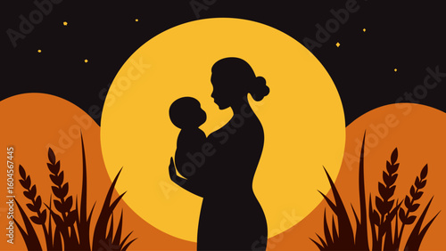 Mother Holding Child Silhouette at Sunset