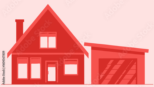 Red outline of a house and garage on a light red background