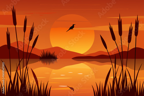 reeds and reflection silhouetted marsh reeds