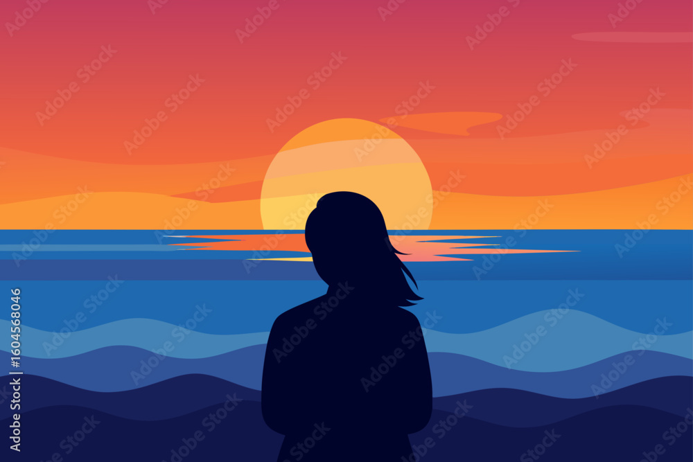 Fototapeta premium woman by ocean sunset silhouetted figure at shore