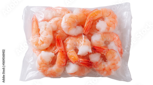 Top view of Plastic bag of frozen shrimp isolated on white background