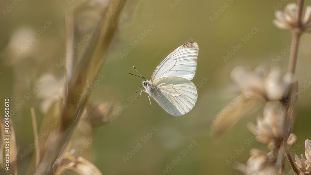 Fototapeta premium A macro image capturing a white butterfly mid-flight over an indistinct background.