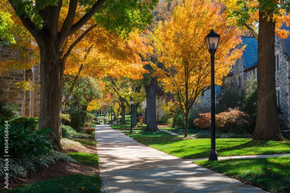 Fototapeta premium Sunlit Autumn Alley at Penn State Campus