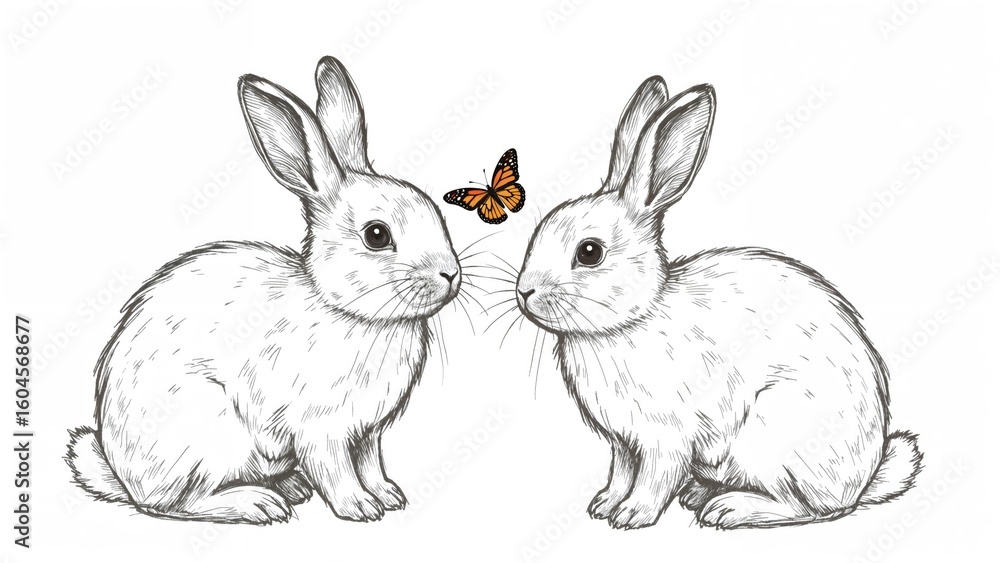 Fototapeta premium Two lovable tiny rabbits with a butterfly perched on their heads, illustrated in a whimsical sketch on a bright white backdrop. Electronic vector artwork.