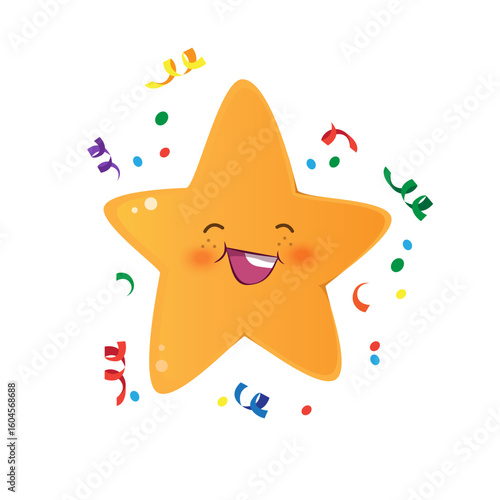 Star cartoon character. Yellow kawaii star. Happy birthday. 