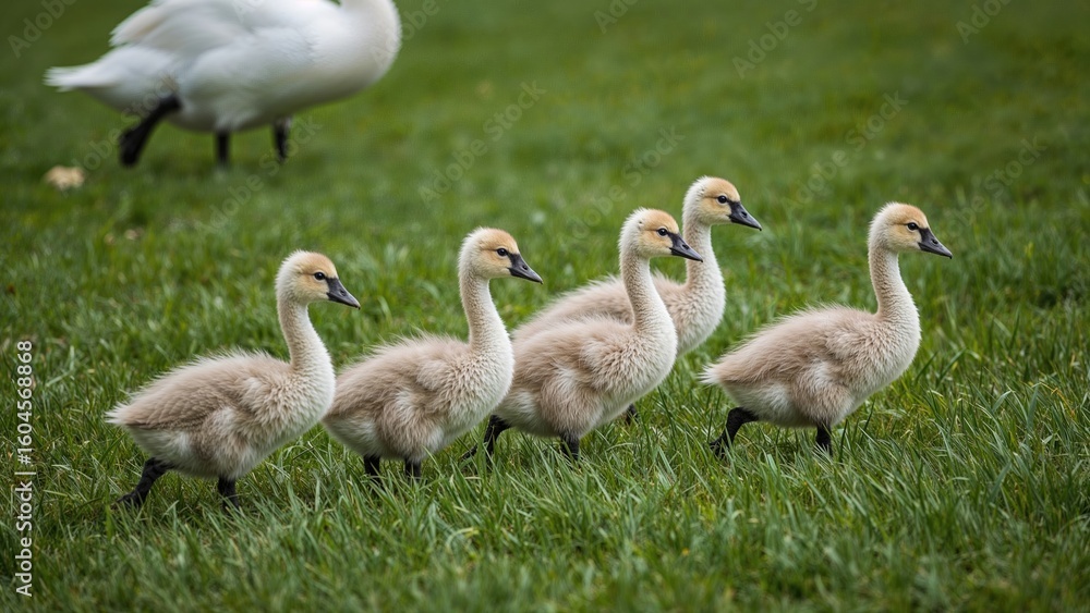 Obraz premium A cluster of cygnets moving through the meadow