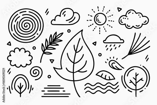 Nature Doodle Elements in Black and White featuring leaves clouds sun rain trees and abstract shapes in a hand drawn style for design and decoration