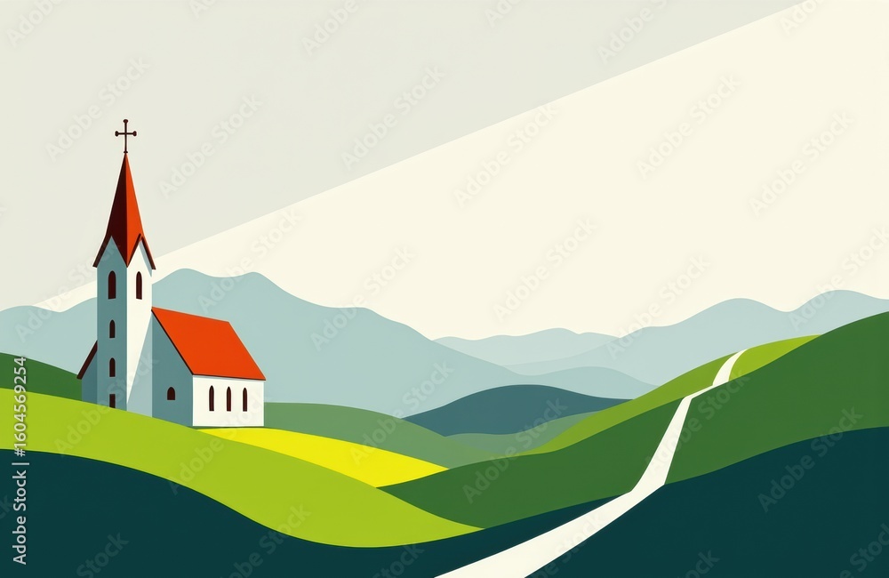 Naklejka premium A scenic illustration of a church on rolling green hills with mountains in the background