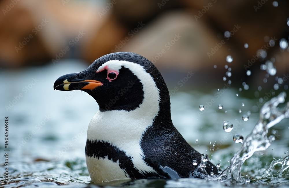 Naklejka premium A penguin swimming in water with splashes and rocks in the background