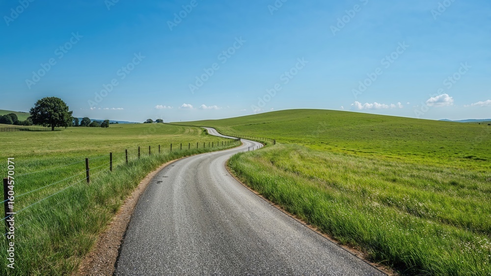 Winding asphalt trail stretches over lush grasslands with a clear sky above. Winding asphalt trail stretches over lush grasslands with a clear sky above.