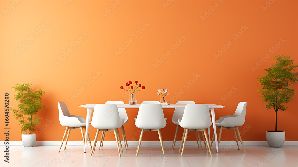 Obraz premium Modern Dining Room with White Chairs and Bold Orange Wall