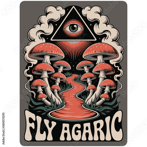 Red mushrooms under triangle eye in mystical fantasy forest vibe. Vector illustration design.