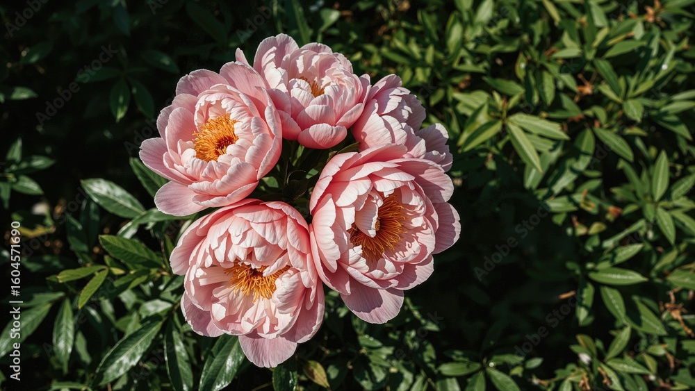 Fototapeta premium Gorgeous pink peonies blooming amid verdant greenery in the warm summer sunlight.