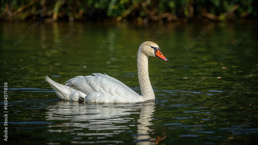 Fototapeta premium A young white swan moving quietly on tranquil water
