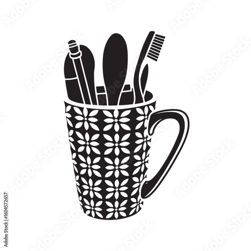 Floral Patterned Mug with Toothbrush and Toiletries