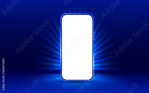 3d blank phone for mockup with glowing effect, isolated on dark background. Phone banner template in 3d vector. Vector illustration