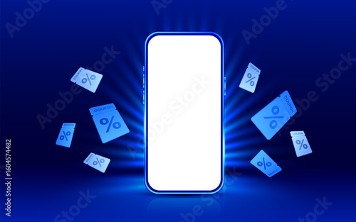 3d blank phone for mockup with glowing effect, flying coupons around, isolated on dark background. Phone banner template for discount event in 3d vector. Vector illustration
