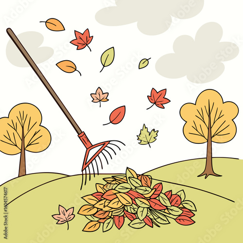 Cartoon illustration of raking leaves in autumn with trees and clouds