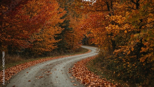 Fototapeta Naklejka Na Ścianę i Meble -  Curved gravel trail surrounded by trees showcasing bright fall colors