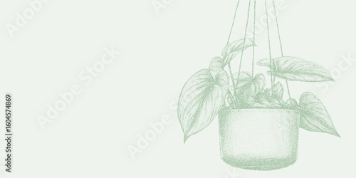 Plant is hanging from a pot. Old photocopy stipple sketch, dotted halftone texture with gritty threshold lines and noisy grain.