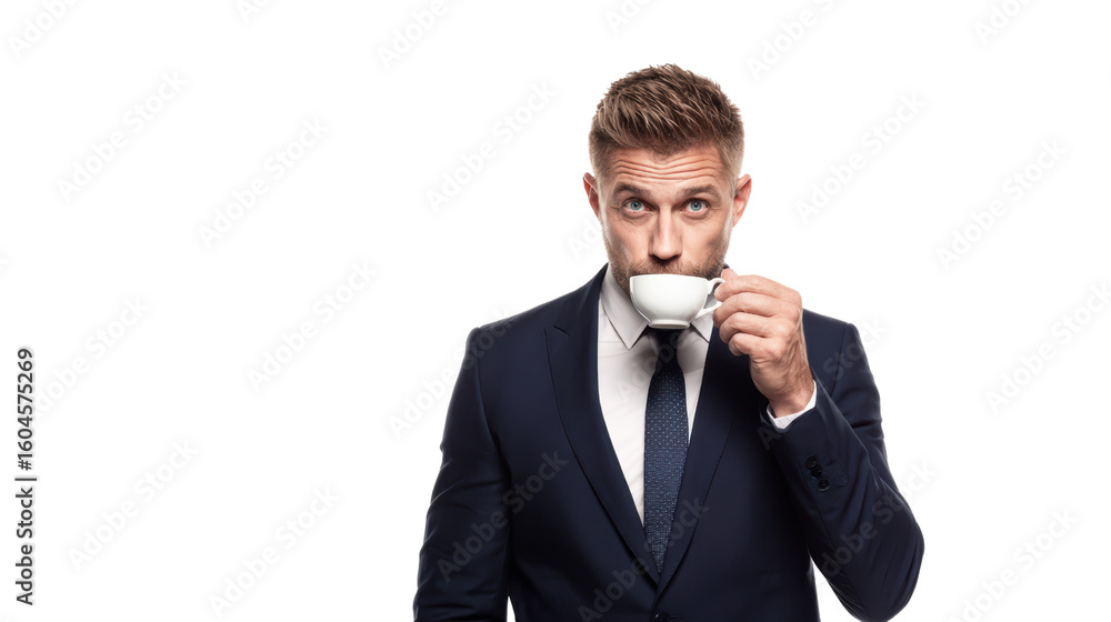 Professional man in a suit enjoying a cup of coffee against a white isolated background. Professional man in a suit enjoying a cup of coffee against a white isolated background.