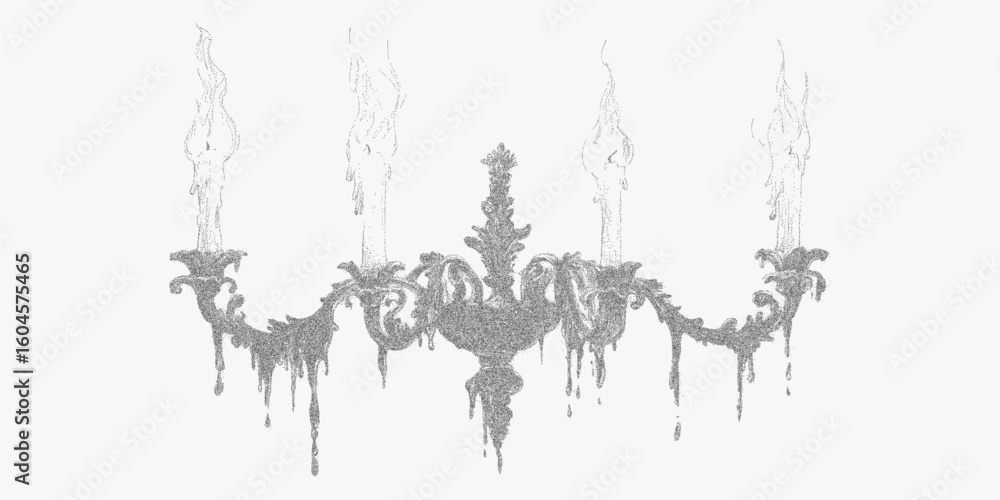 Obraz premium Black and white image of a chandelier. Retro sketch with dotted halftone grain, paper scan texture and high threshold for strong visual contrast.