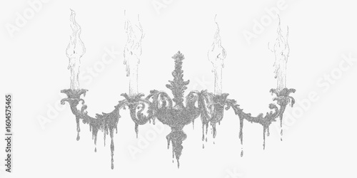 Black and white image of a chandelier. Retro sketch with dotted halftone grain, paper scan texture and high threshold for strong visual contrast.