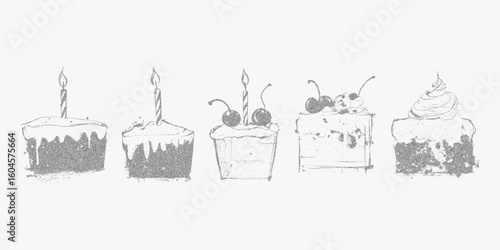 Cakes with candles on top, cherry. Monochrome sketch in retro style, halftone grain, paper photocopy texture and defined threshold for print feel.